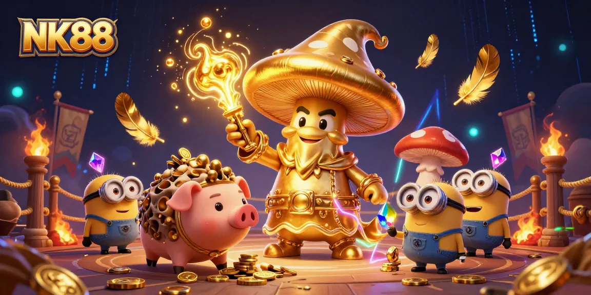 Engage in thrilling gaming experiences at NK88 with a magical 3D casino illustration of winning treasures.