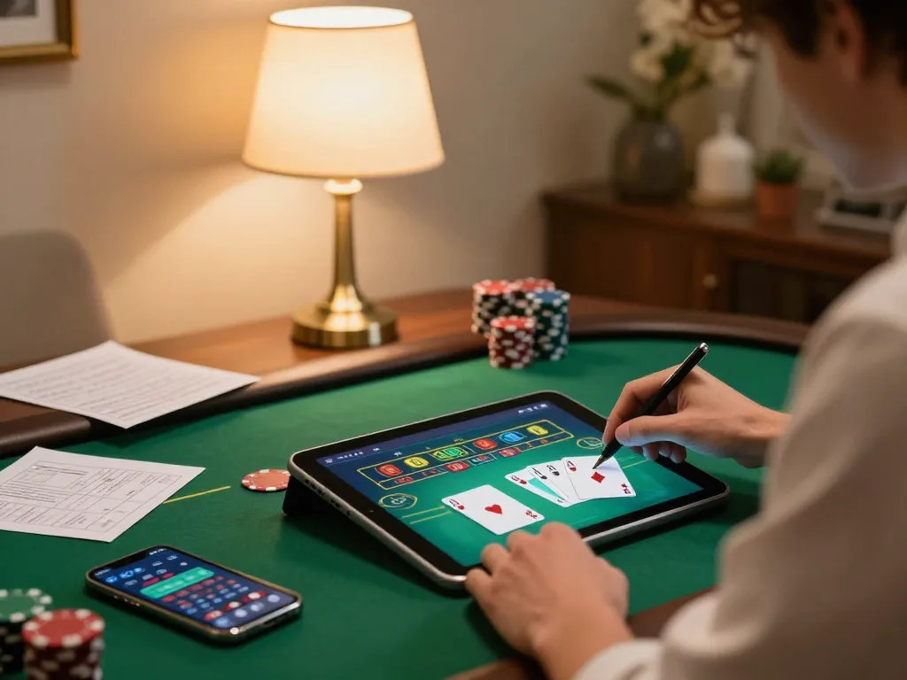 Hitclub player enjoying online poker in a cozy home setting with strategic notes, demonstrating responsible gambling.