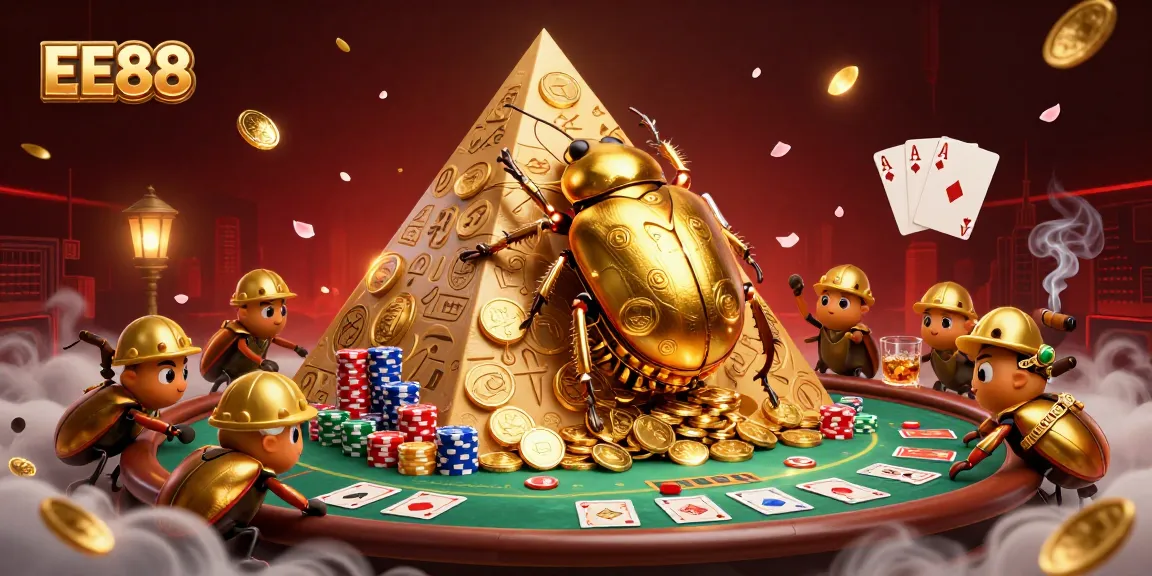 Engage with EE88 in a 3D illustration featuring iconic casino elements of poker, coins and beetles.