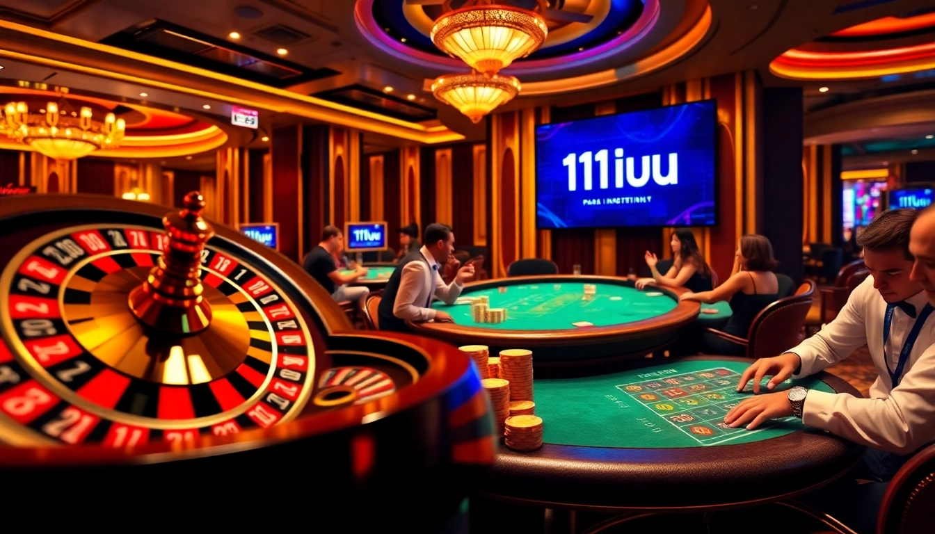 Play exciting games at 11uu casino, featuring poker chips and roulette tables.