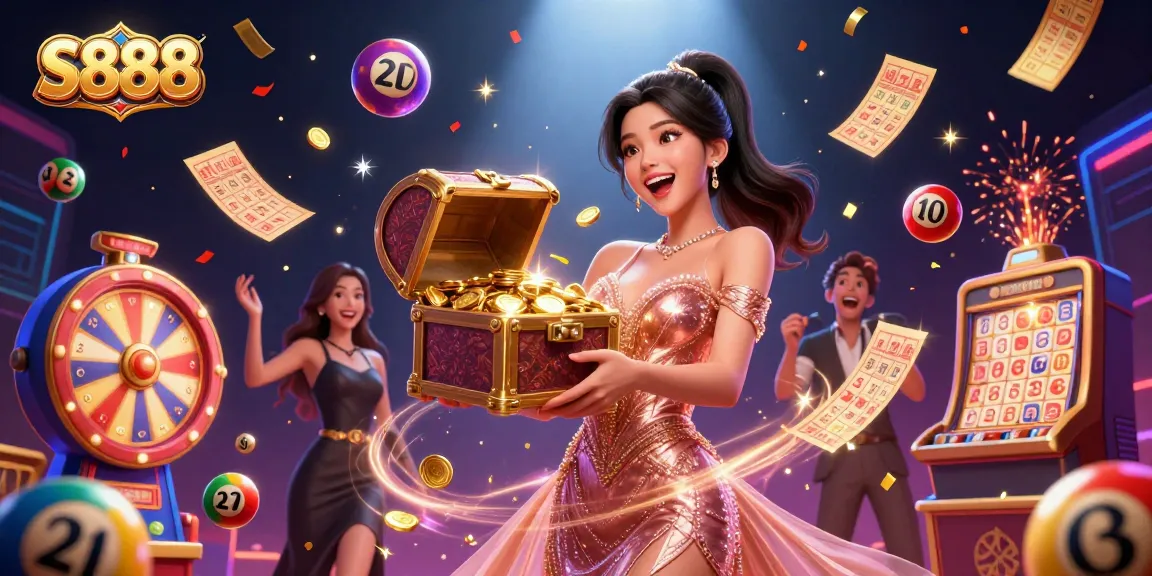 S888 casino featuring a joyful woman with golden treasure, surrounded by vibrant lottery balls and dynamic game elements.