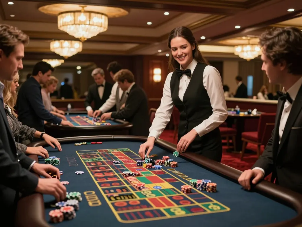 Players engaged in thrilling roulette action at a 58win casino, vibrant atmosphere with colorful chips and warm lighting