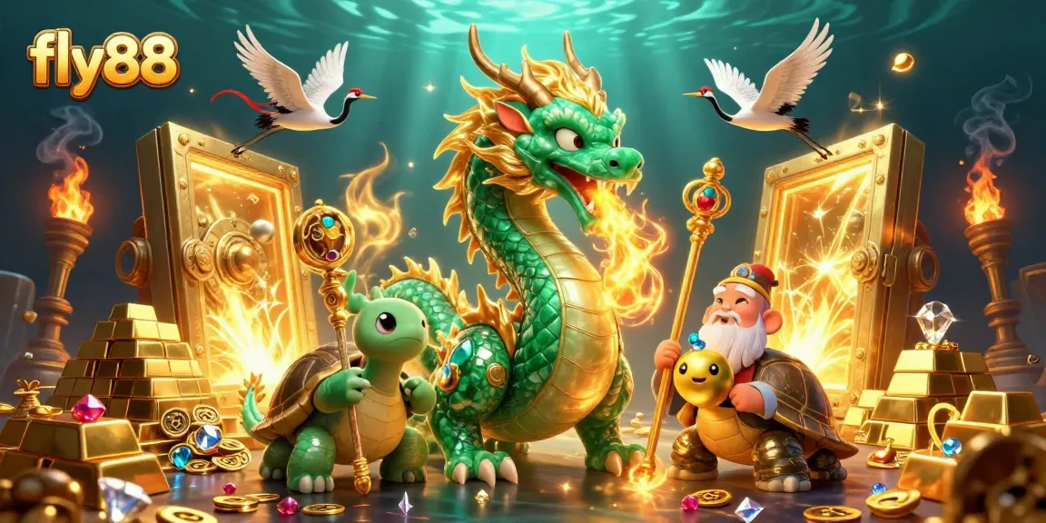 Experience thrilling wins at fly88 with a vibrant 3D scene showcasing a dragon and treasure