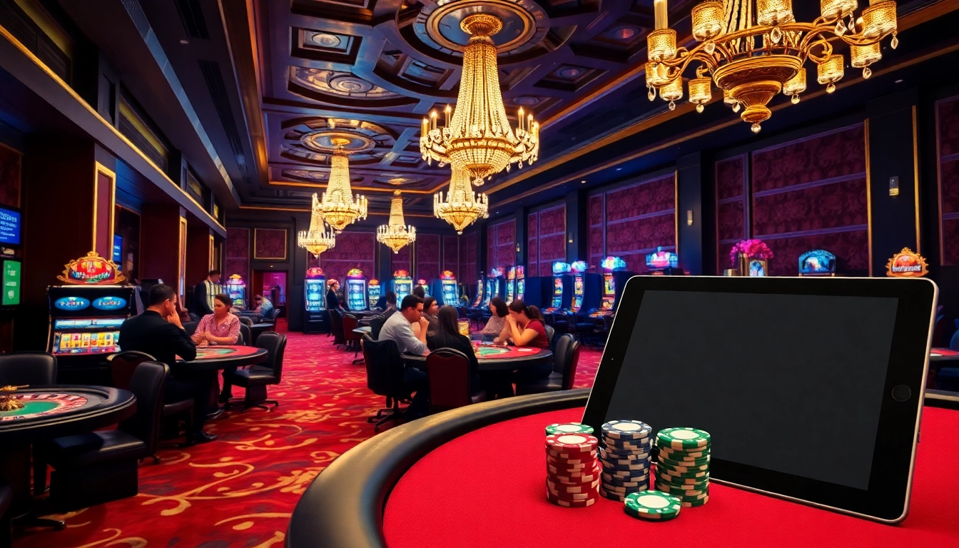 Experience excitement at 98win9.bid with vibrant casino gaming, poker tables, and slot machines.