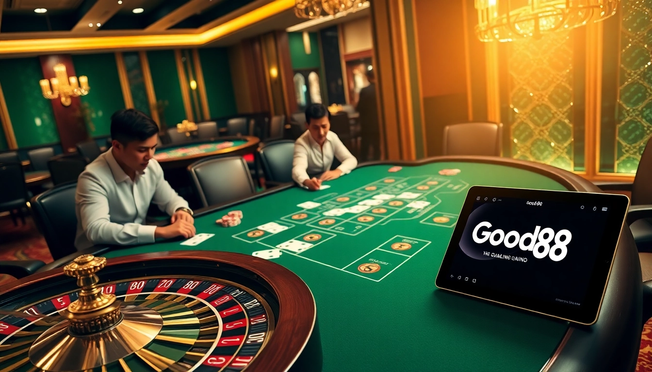 Experience the excitement of Good88 with professional gamblers at a blackjack table in a luxurious casino setting.