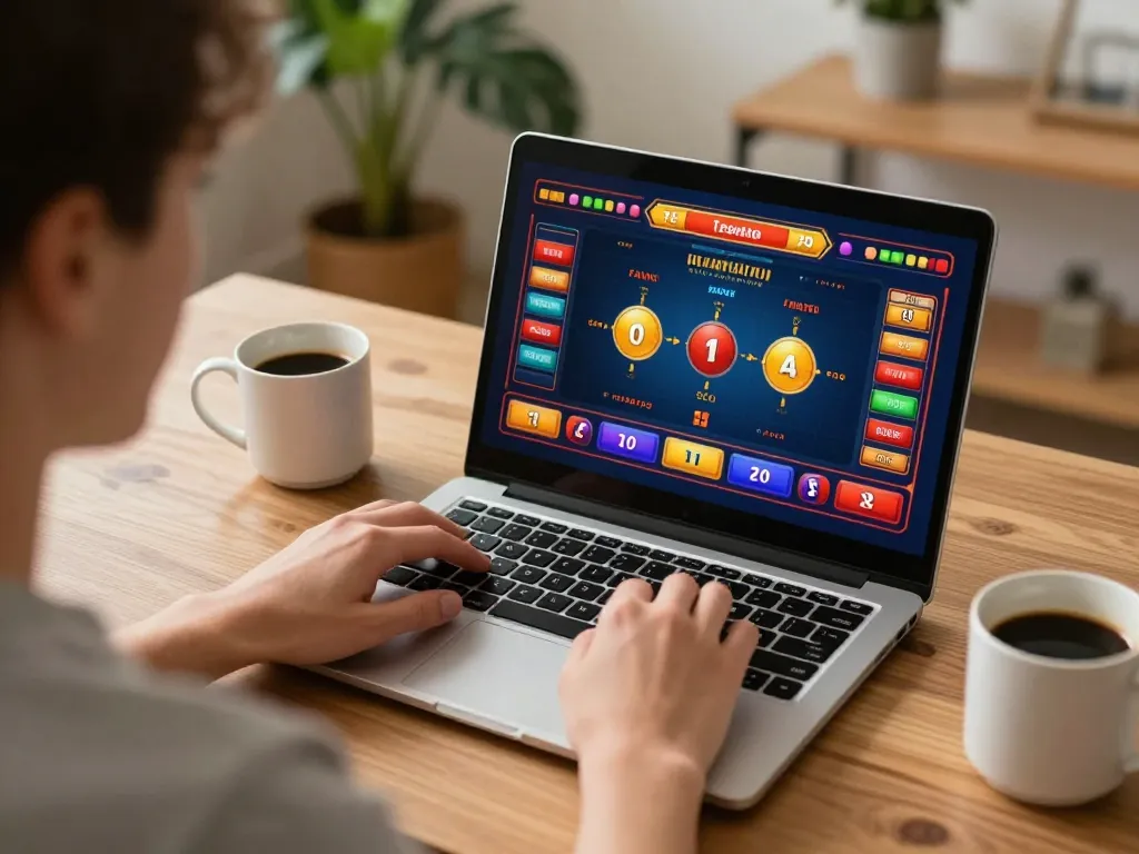 SC88 player engaging in online casino gameplay at home, showcasing colorful interface and cozy atmosphere.