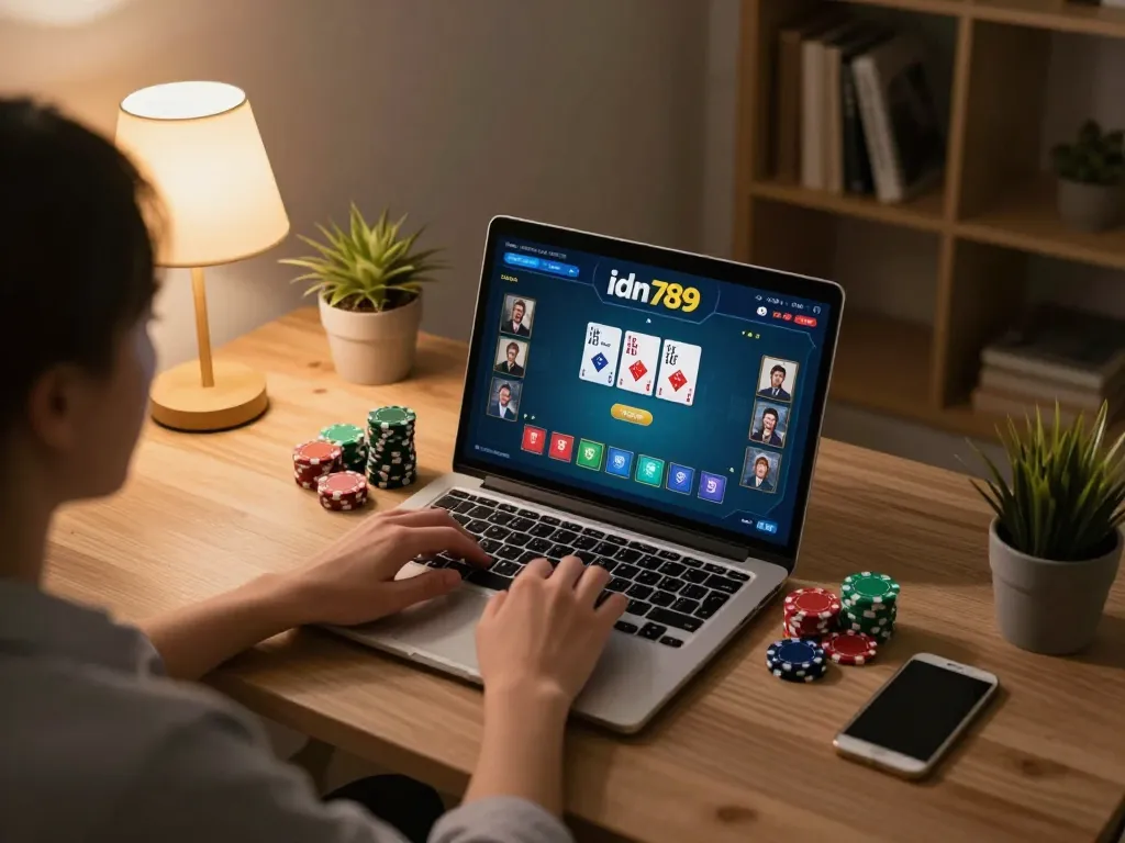 Pemain terlibat dalam perjudian online di idn789, menunjukkan antarmuka permainan poker dan lingkungan taruhan strategis