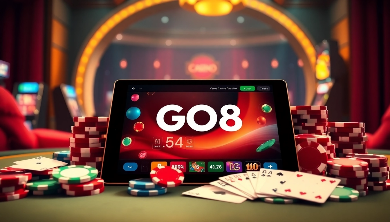 GO8 online gaming experience with glamorous casino elements on a tablet, enhancing gambling atmosphere.