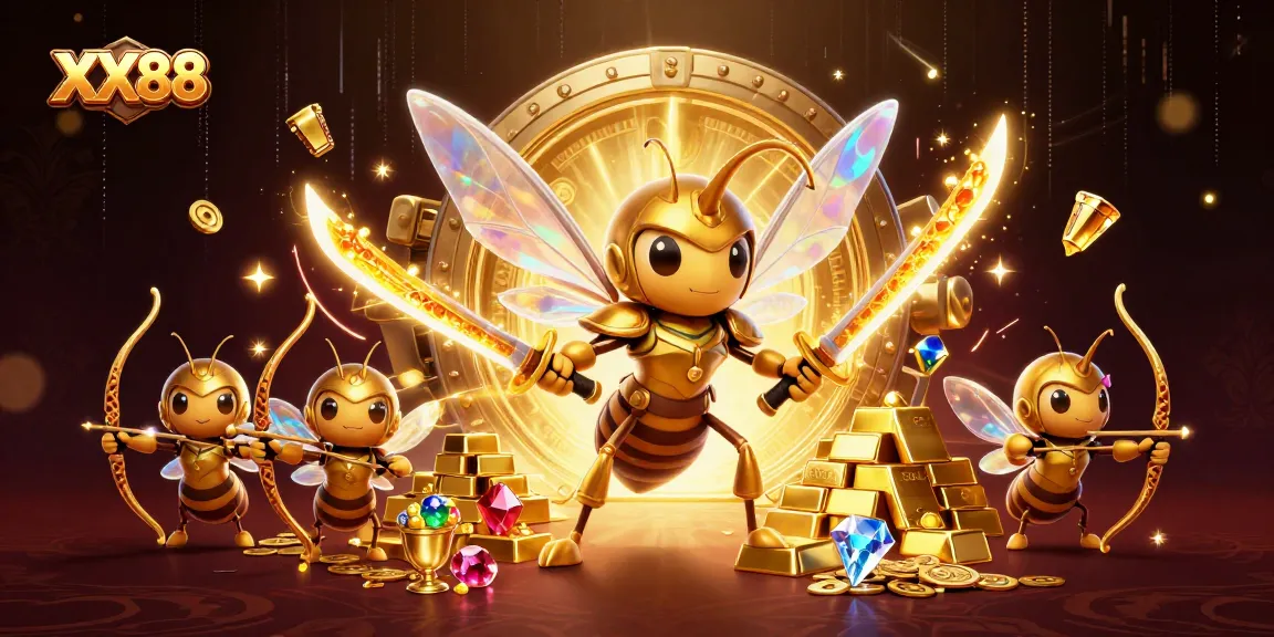 Engage with the vibrant world of XX88, showcasing a golden hornet samurai guarding treasures in an online casino.