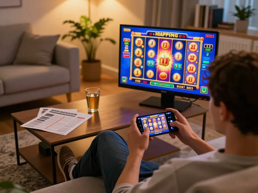 Engaging with nk88 slot games on smartphone, creating a lively online gaming atmosphere.