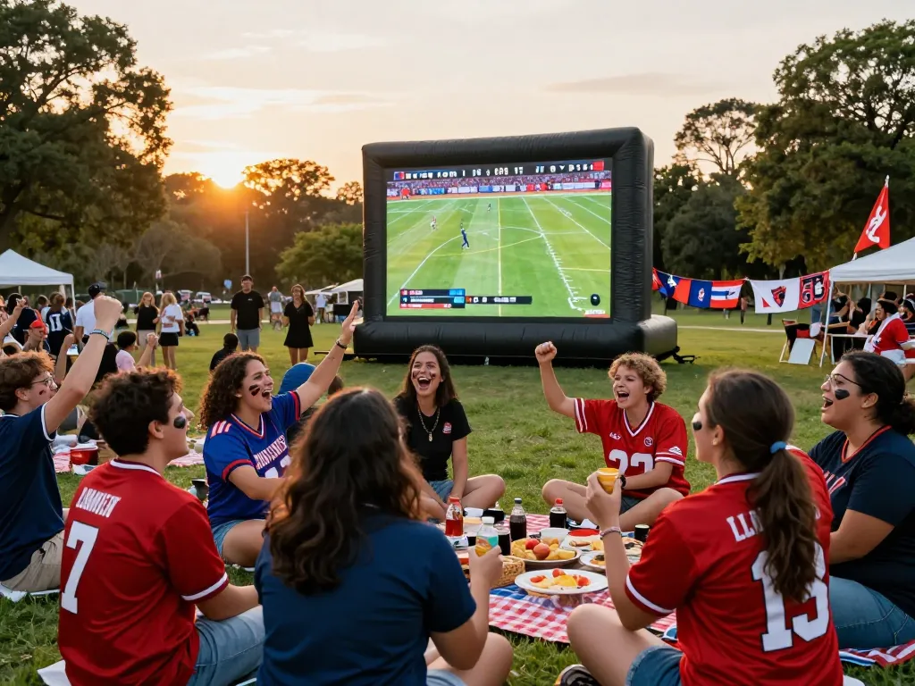Fans celebrating at an Okwintv football viewing party in the park, capturing the excitement of live sports.