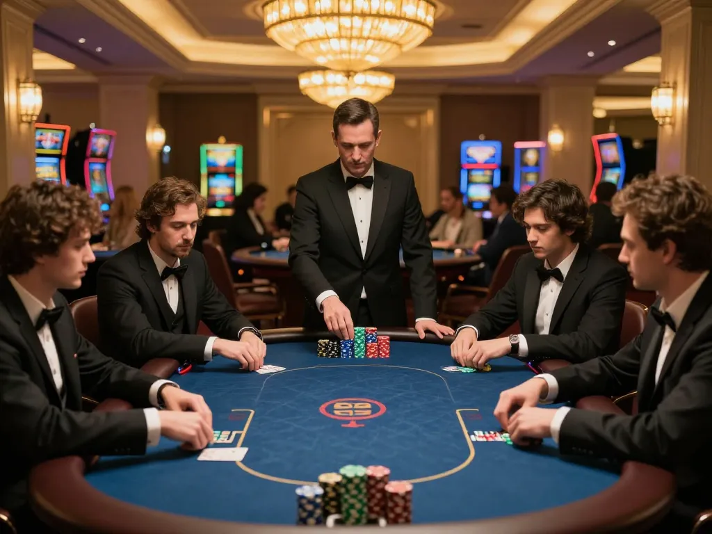123B poker players strategizing their bets in a luxurious casino setting