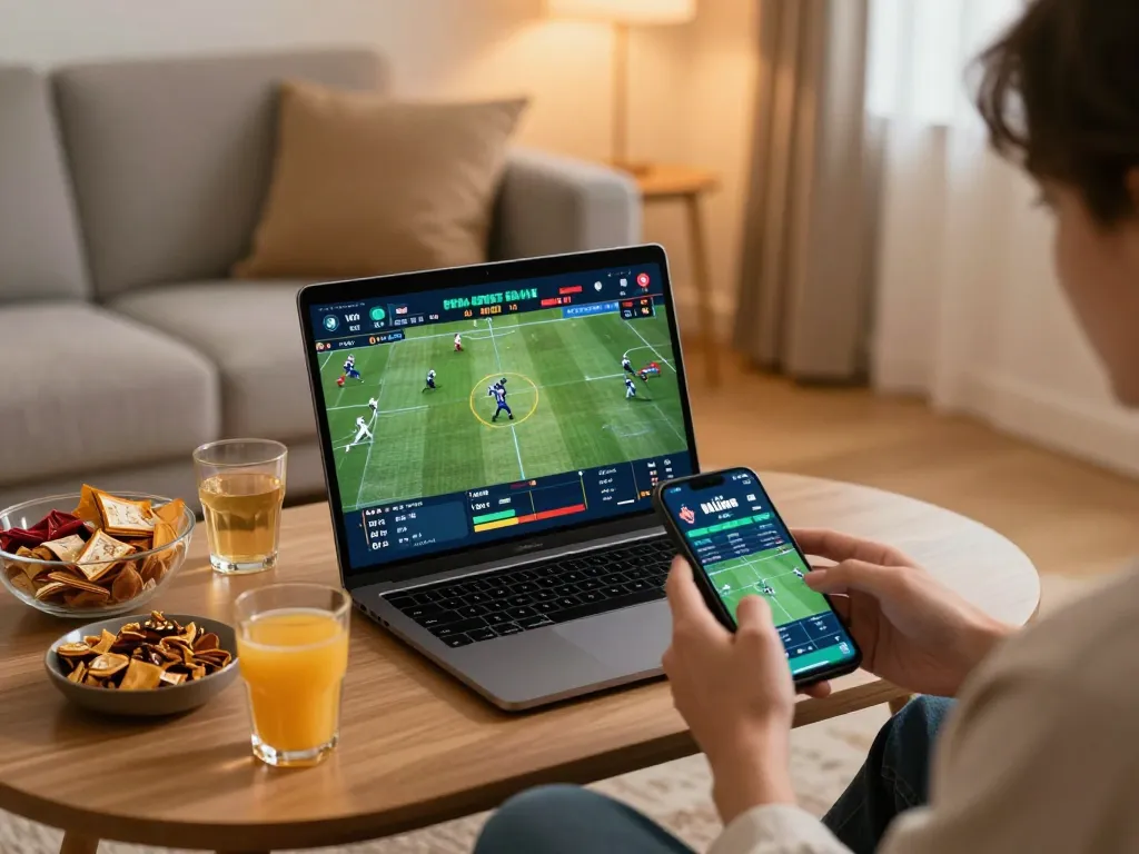 Engaging in sports betting on 68win with smartphone in cozy home setup