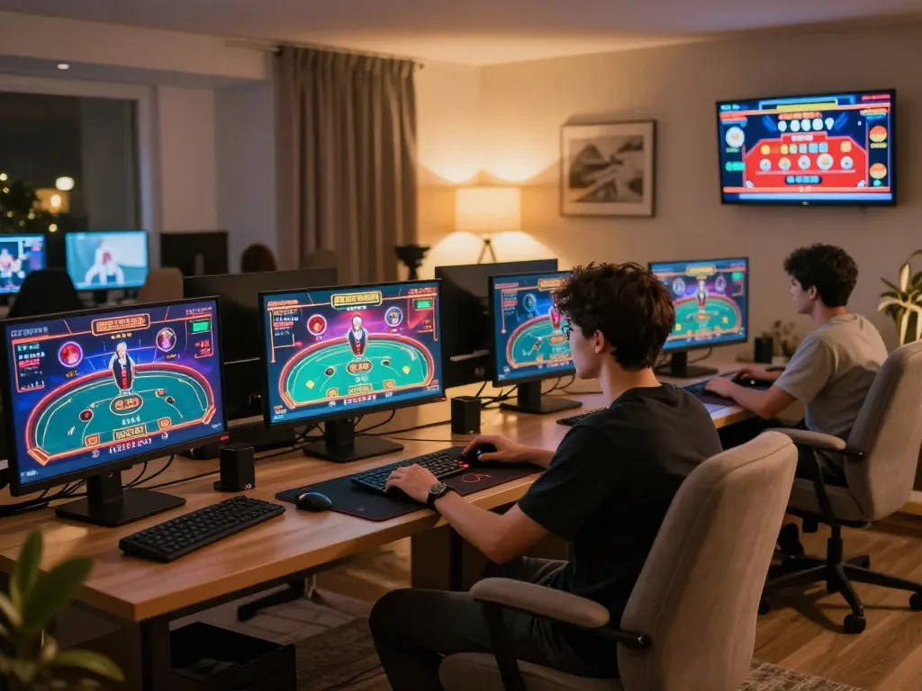 Players enjoying thrilling online casino games on vip79 with multiple screens displaying poker and slot games.
