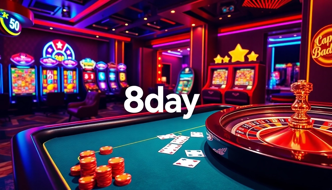 Experience thrilling gameplay at 8day's vibrant casino scene with poker tables and slot machines.