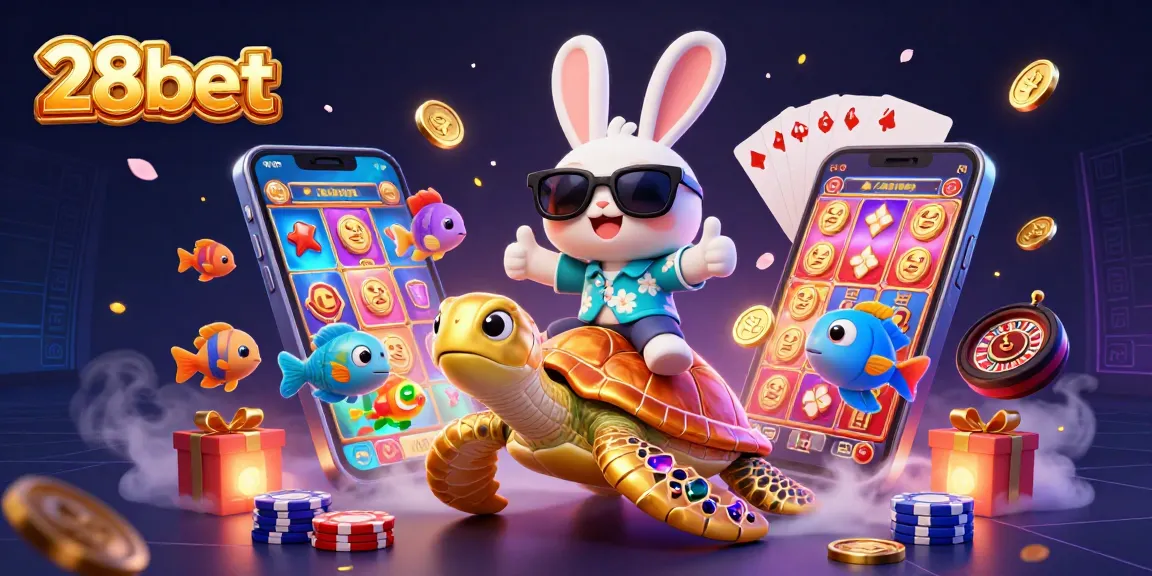 Engage in exciting gameplay at 28bet with a vibrant scene of a lucky rabbit and golden turtle amidst slots and gaming elements.