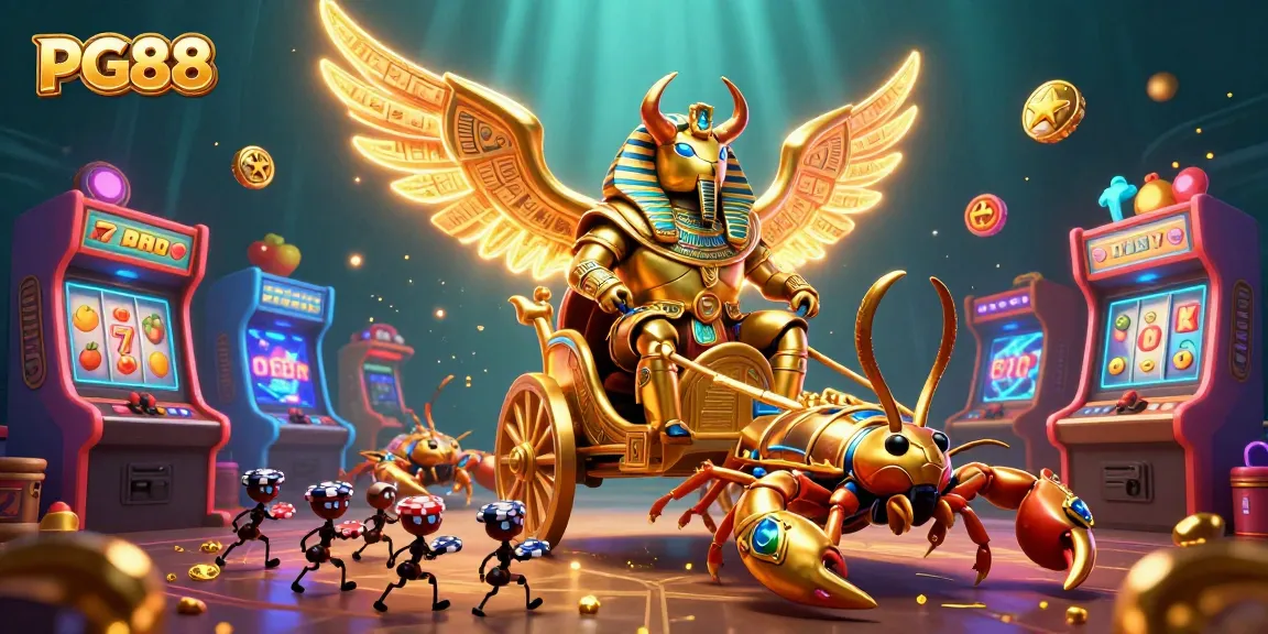 Experience lavish gaming with PG88 showcasing a pharaoh-inspired casino scene complete with slot reels and poker chips.