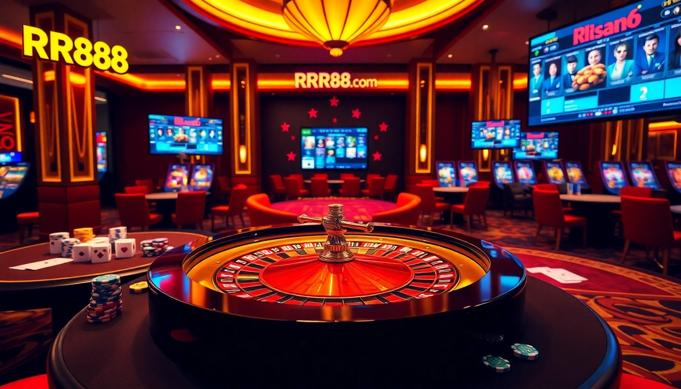 Experience excitement on rr88.com with a luxurious casino scene featuring roulette and poker elements.