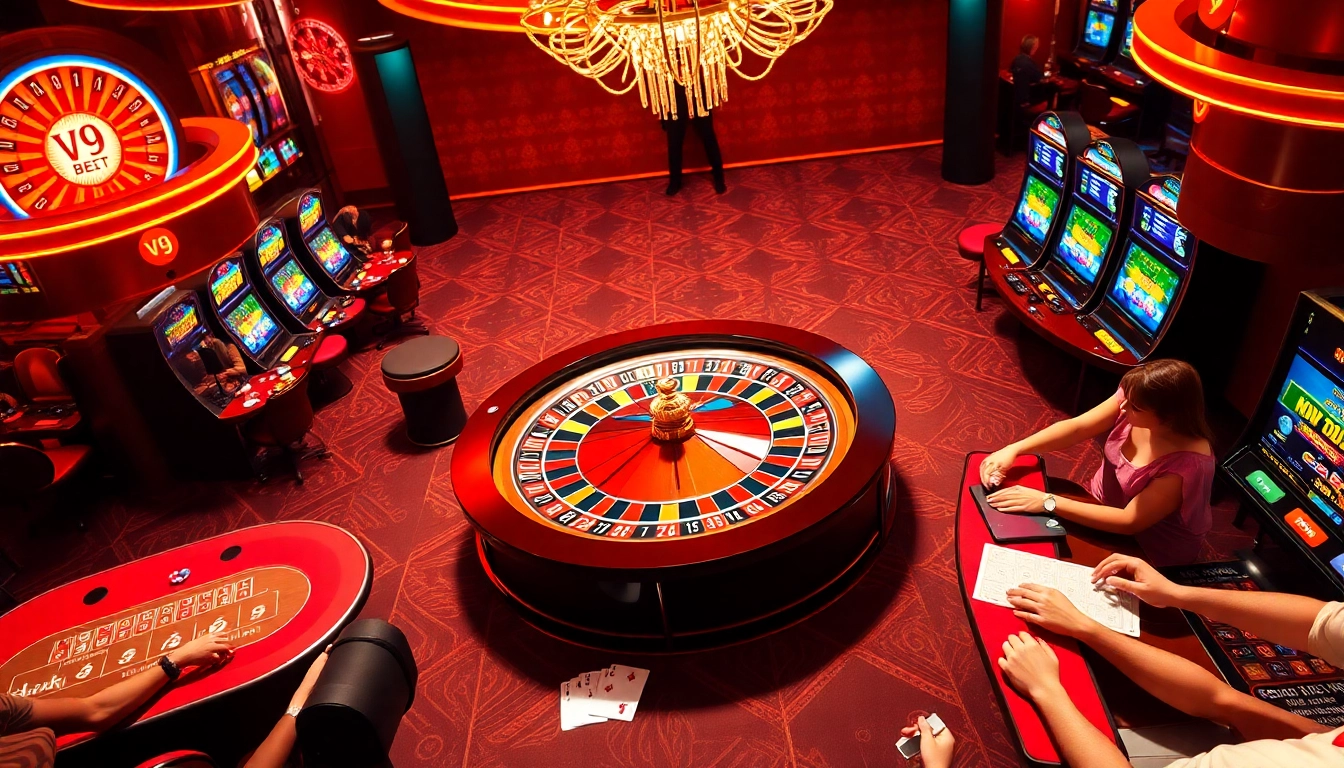 Action-packed V9bet casino scene showcasing vibrant slot machines and a roulette wheel.