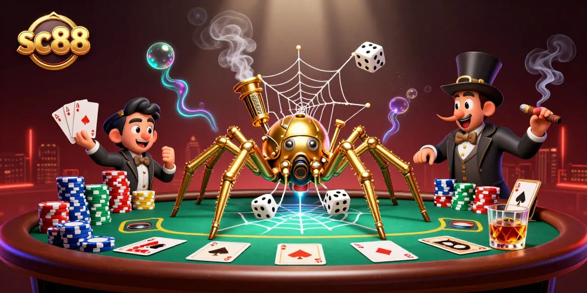 Engage with the captivating sc88 3D illustration showcasing a steampunk spider webbing poker elements in a casino.