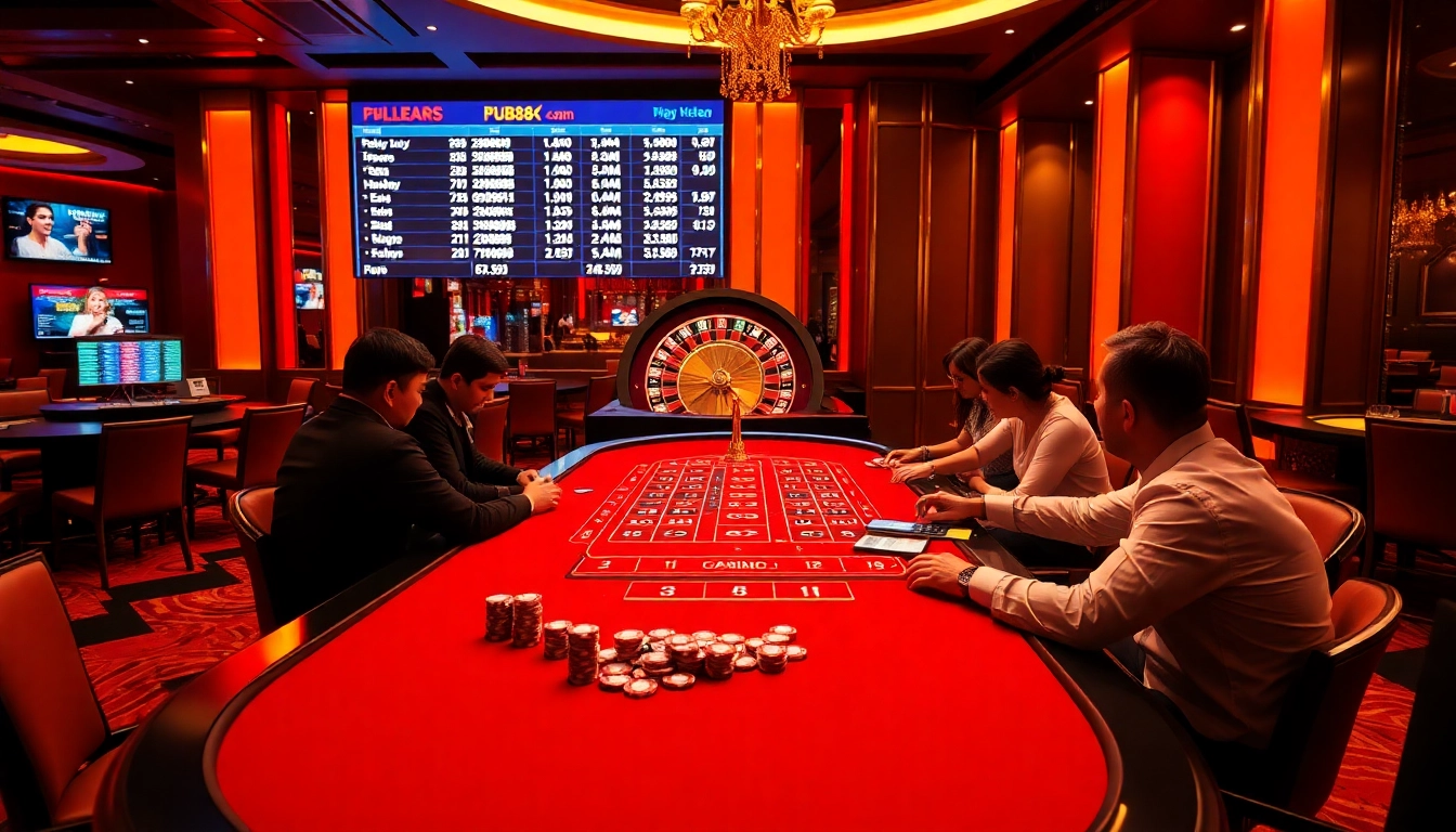 PUB88 gaming table scene showcasing intense betting with poker chips and a spinning roulette wheel.