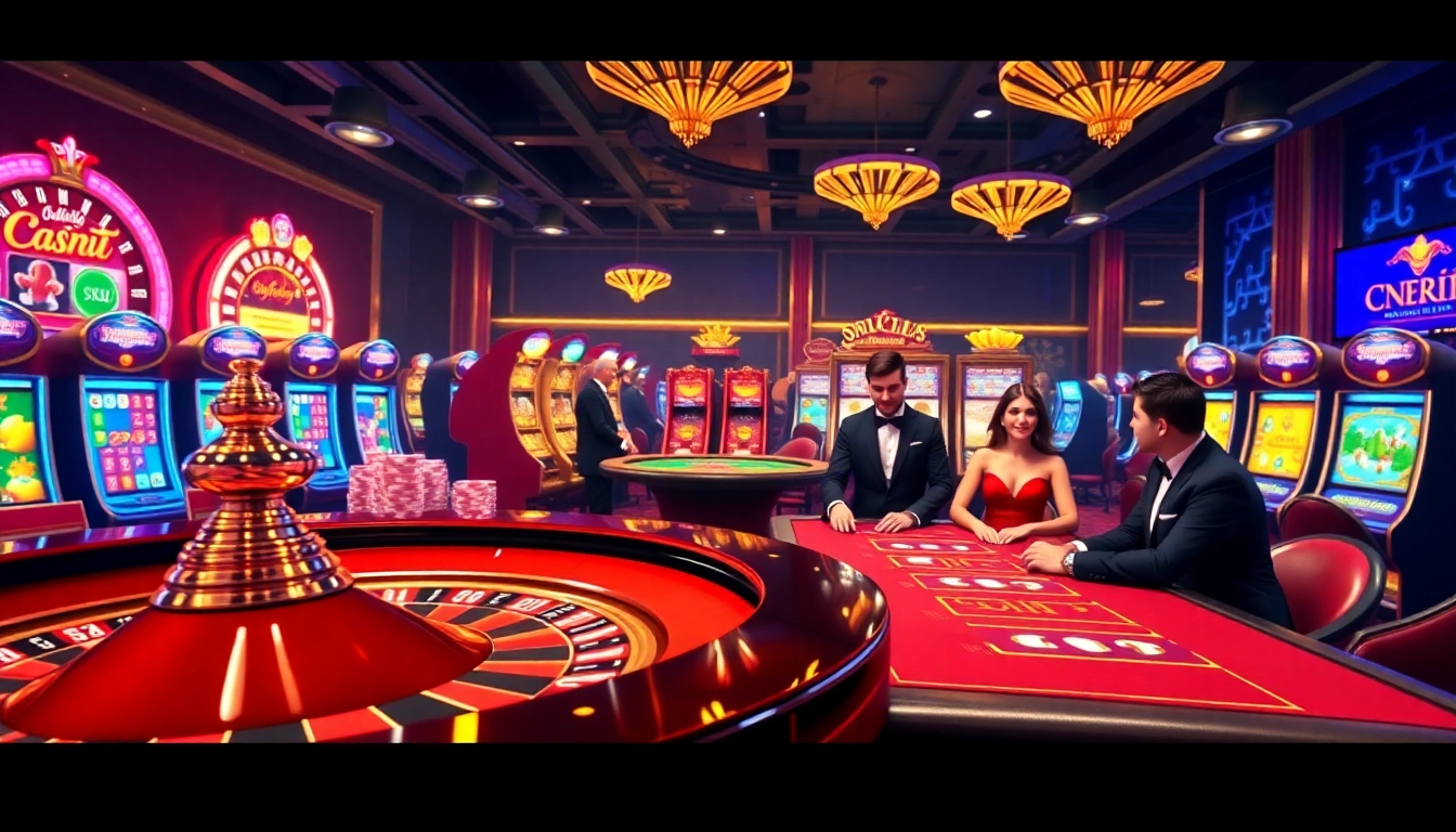 Experience the thrill of open88 as players engage with casino games in a vibrant, luxurious setting.