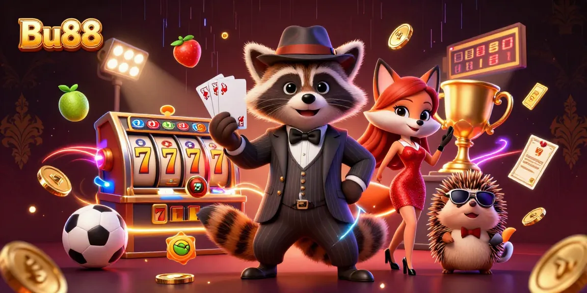 Bu88 action scene showcasing a suave raccoon and fox lady in a dynamic casino environment.
