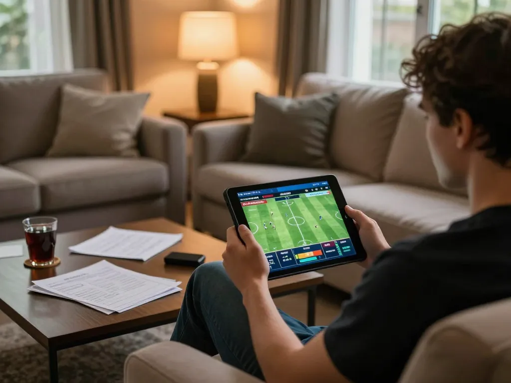 Engaging in online sports betting on trang cá độ bóng đá with a tablet in a cozy home setting