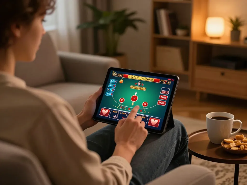BET88 player enjoying a live dealer blackjack game on tablet in cozy home setting