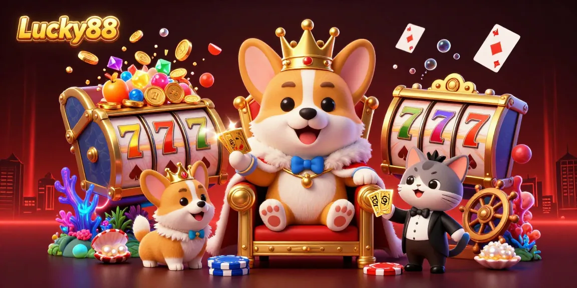Spin the Lucky88 slot reels with royal corgi and treasures in a vibrant casino scene