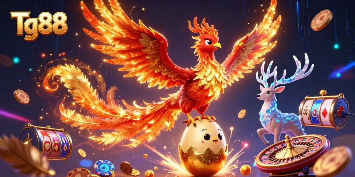 Tg88 showcases thrilling gaming action with a vibrant phoenix and mystical stag in an immersive casino scene.