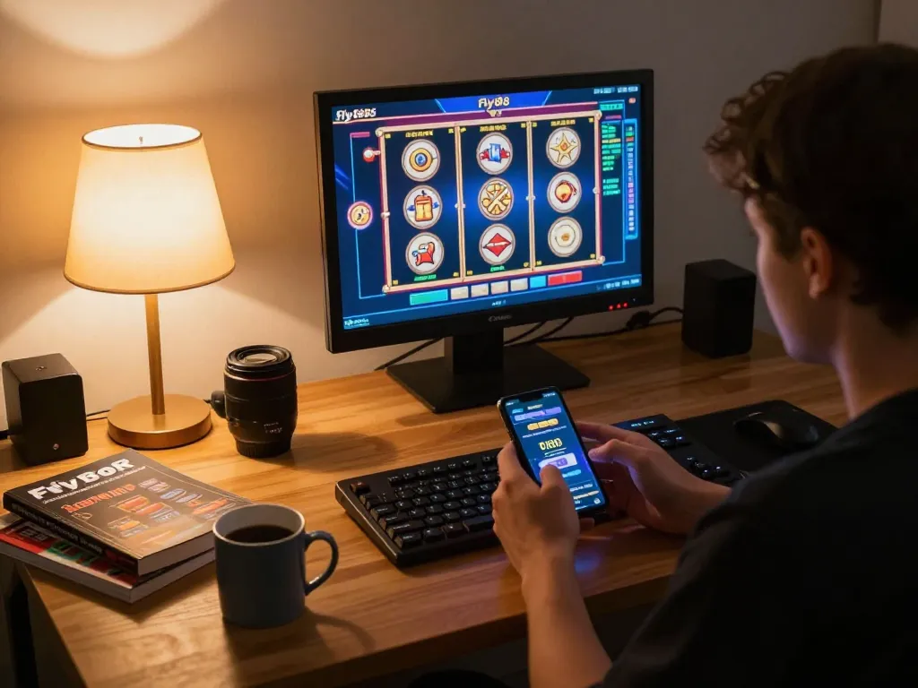 Engaging with fly88 app for immersive online gaming experience on smartphone during cozy home session