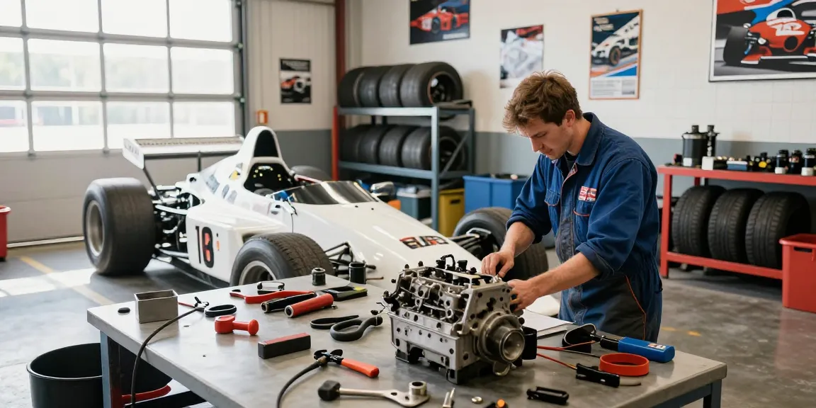 Expert mechanic restoring the iconic LC88 Formula One car in a bright workshop.