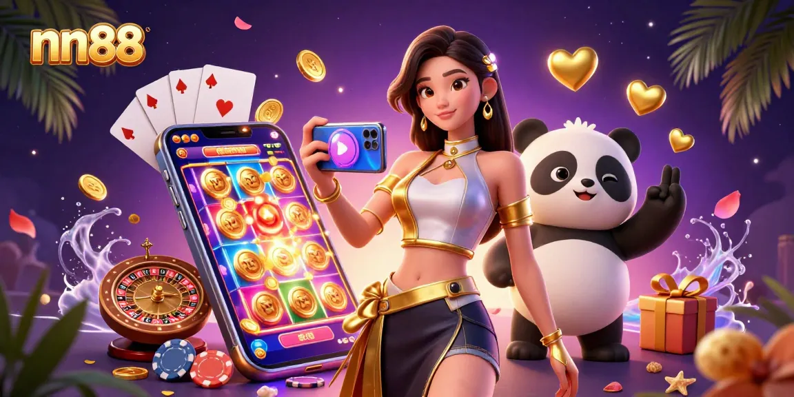 Play exciting slot games with nn88 as a stylish Asian woman celebrates alongside a fun panda mascot.