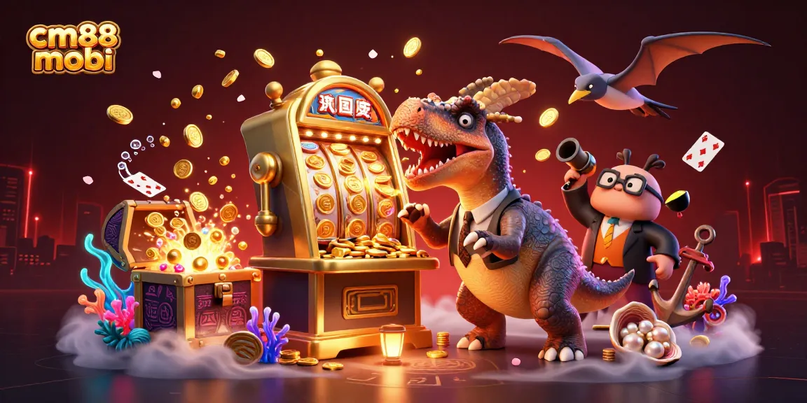 Experience thrilling jackpots at cm88 mobi as a dino wins on a golden slot machine amidst flying coins.