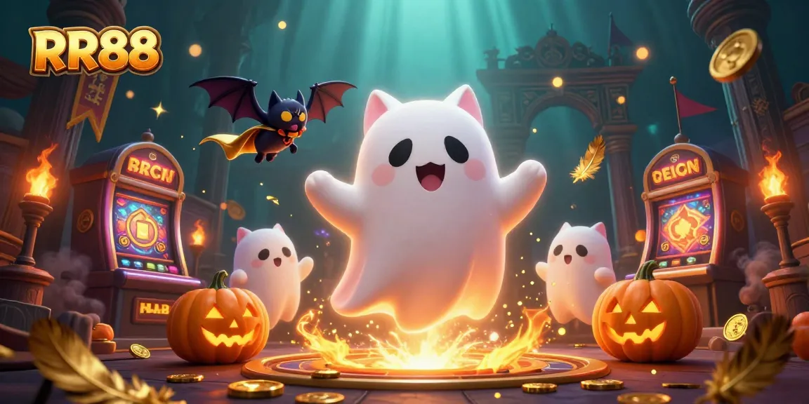 Experience exciting games at RR88 with a floating ghost cat, vibrant gold coins, and casino ambiance.