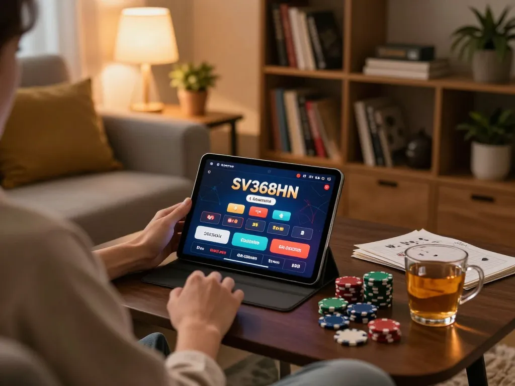 Engaging with SV368HN online casino on a tablet in a cozy living room setting.