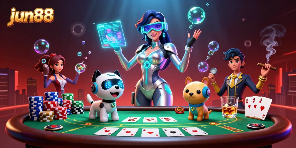 Win big at jun88 with a stunning futuristic casino scene featuring a dynamic woman and robot dog.