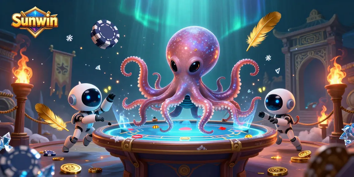 Win big with Sunwin as an alien octopus deals at a vibrant holographic poker table.