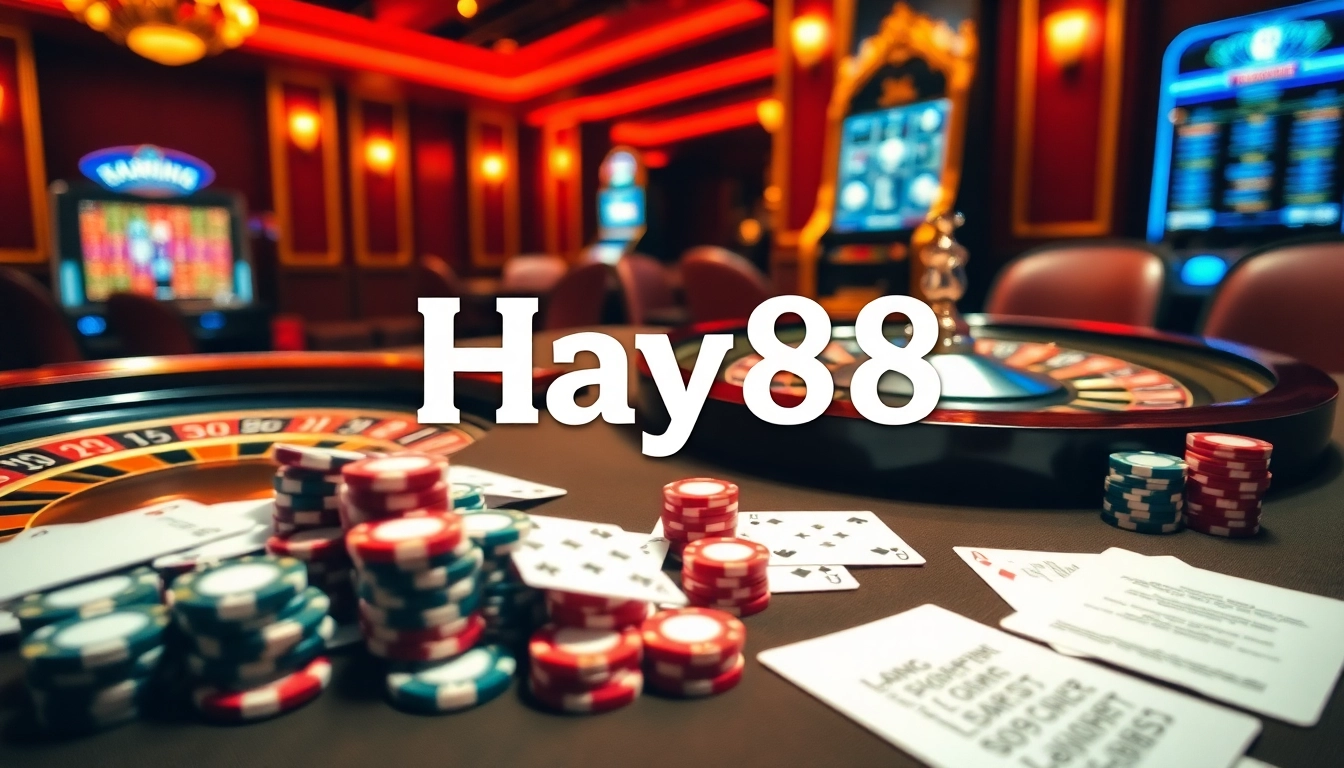Experience Hay88 gaming with vibrant poker chips, roulette wheel, and playing cards in a luxurious casino.