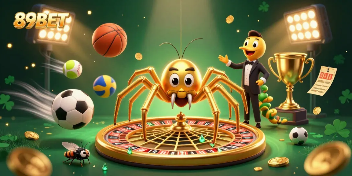 Engage with 89BET's vibrant betting scene featuring a golden spider and lively sports elements in action.