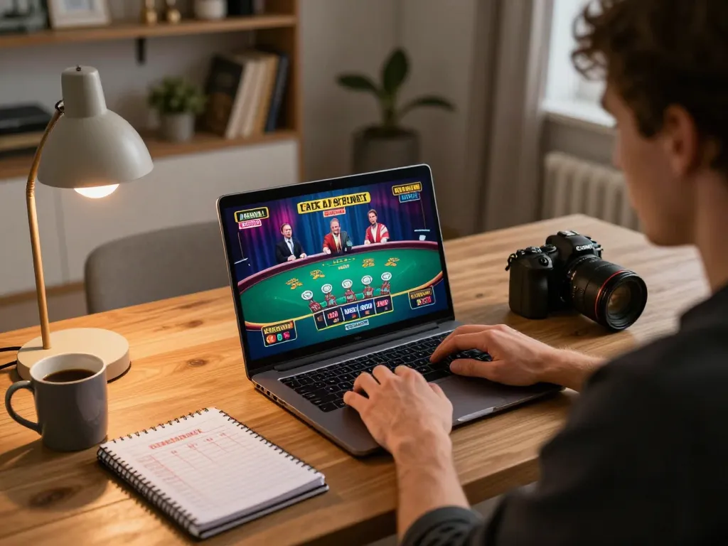 Engaging in online blackjack with 8xbet on a laptop, showcasing strategic gameplay in a cozy home setting.