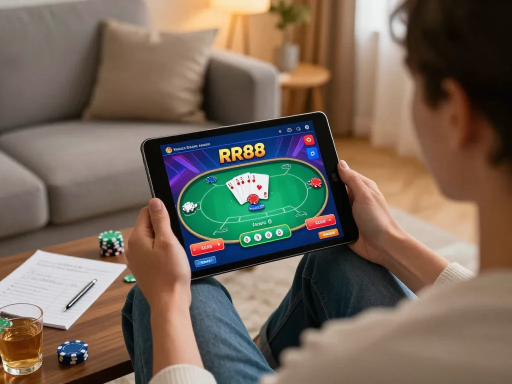 Engaging in RR88 poker game online from a cozy home setup with strategy notes.