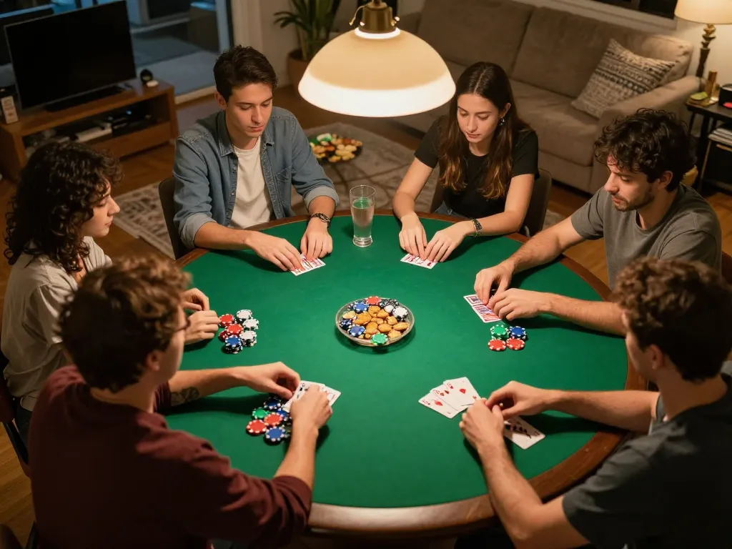 Pinoy Login scene during home poker night with friends enjoying card games and snacks.