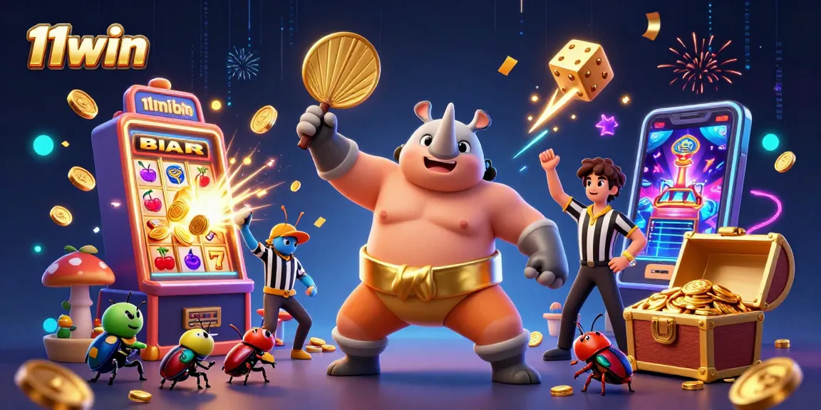Engage with 11win's vibrant 3D casino illustration showcasing a beetle sumo champion amidst jackpots and gaming excitement.