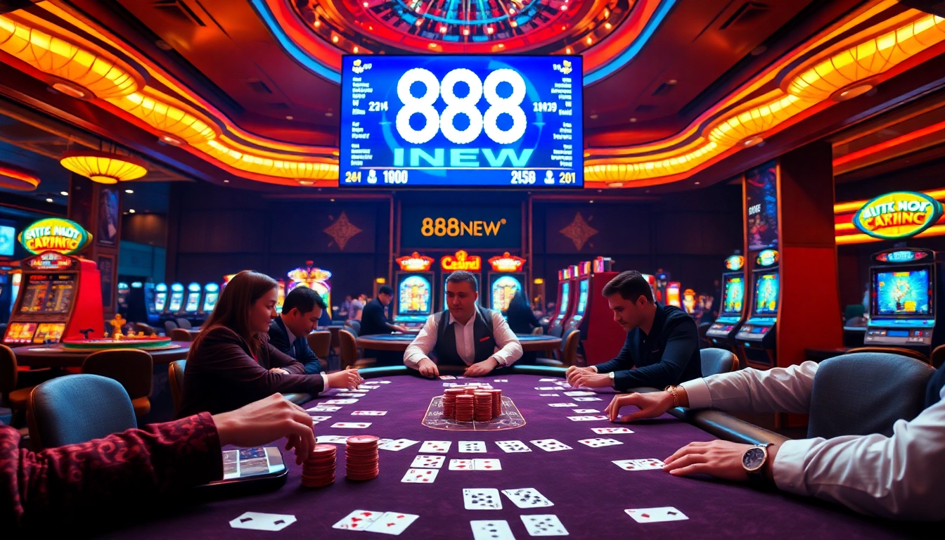 Engaging scene of 888NEW casino excitement with poker, roulette, and vibrant gaming.