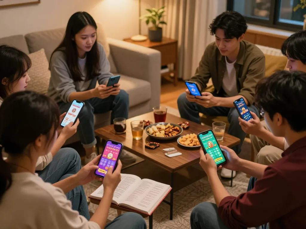 Friends playing together using the app tài xỉu online, enjoying a vibrant home gaming atmosphere.