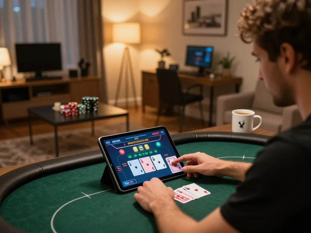 Play poker online with ok365 in a stylish home setting, showcasing strategic gameplay.