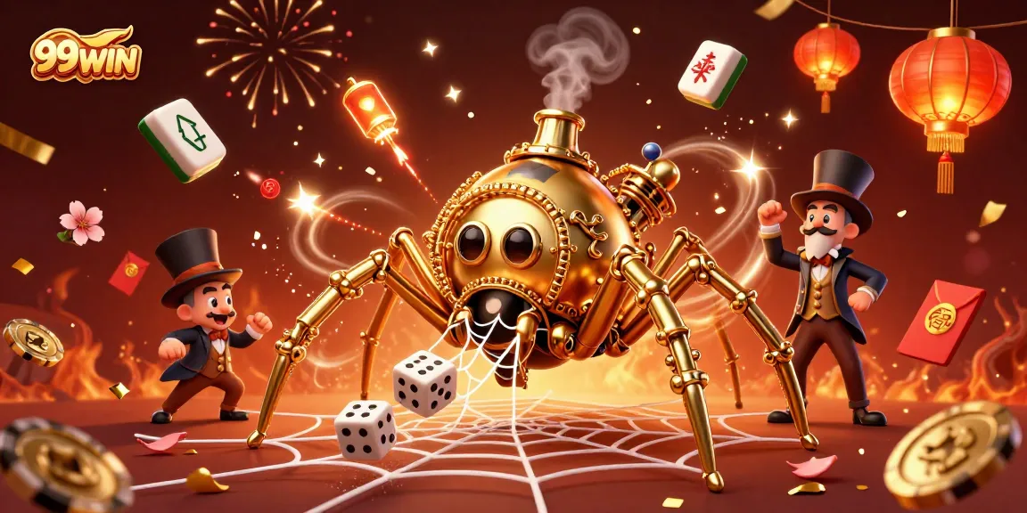 Play exciting games at 99WIN, featuring vibrant scenes of casino elements with charming characters.
