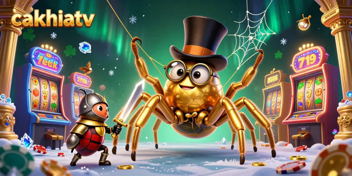 Cakhiatv showcases a golden tarantula spinning winning threads at a vibrant casino scene